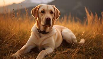 uma amarelo laboratório cachorro deitado dentro a Relva ai gerado foto