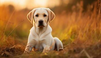 uma cachorro é sentado dentro a Relva às pôr do sol ai gerado foto