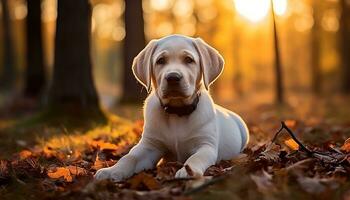 uma amarelo laboratório cachorro deitado dentro a Relva ai gerado foto