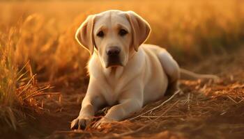 uma amarelo laboratório cachorro deitado dentro a Relva ai gerado foto