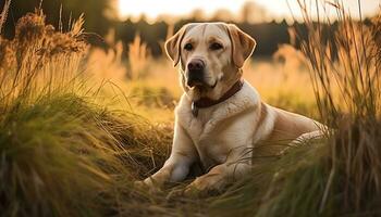 uma amarelo laboratório cachorro deitado dentro a Relva ai gerado foto