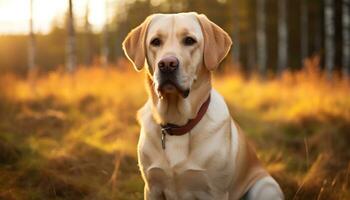 uma cachorro é sentado dentro a Relva às pôr do sol ai gerado foto