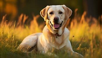 uma cachorro é sentado dentro a Relva às pôr do sol ai gerado foto