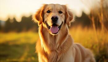 uma cachorro é sentado dentro a Relva às pôr do sol ai gerado foto