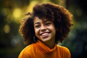 retrato do uma pequeno sorridente africano americano garota. neural rede ai gerado foto