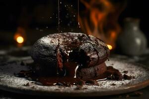 delicioso fresco fundente com quente chocolate e hortelã em Preto mesa. neural rede ai gerado foto