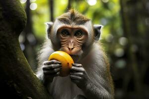 fechar acima do macaco comendo fruta dentro a selva. generativo ai foto