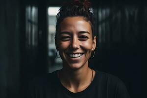 lindo jovem mulher sorridente retrato em Sombrio fundo. neural rede ai gerado foto