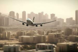 comercial avião vôo sobre moderno cidade. neural rede ai gerado foto