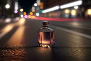 perfume garrafa contra a pano de fundo do noite cidade luzes. neural rede gerado arte foto