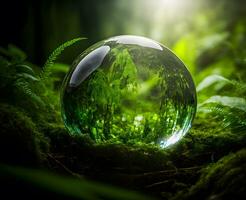 cristal bola em verde Relva com reflexão do verde vegetação dentro. neural rede gerado arte foto