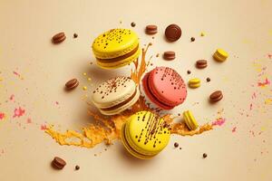 colorida macarons com açúcar pó explosão momento em laranja fundo. neural rede gerado arte foto