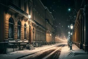 inverno cidade rua panorama. neural rede ai gerado foto