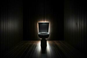 cerâmico banheiro dentro uma Sombrio quarto com iluminação.. gerado de artificial inteligência foto