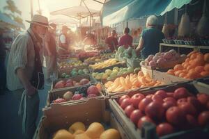 pessoas escolhendo fresco orgânico frutas em rua mercado. gerar ai foto