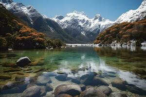 fantástico tarde panorama do cristal lago. neural rede ai gerado foto