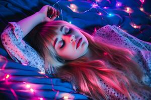 dormindo beleza, luzes e mulher com dormir e criativo néon iluminação. neural rede ai gerado foto