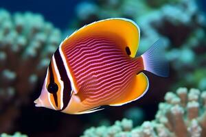 mar vida exótico tropical coral recife cobre borboleta peixe. neural rede ai gerado foto