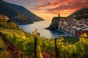 vinhas às pôr do sol dentro cinque terre, Itália, panorama do vernazza e suspenso jardim, cinque terre nacional parque, Ligúria, Itália, Europa, ai gerado foto