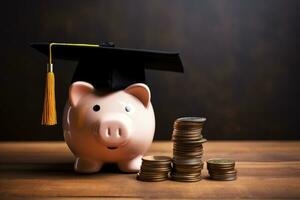 porquinho banco com graduação boné e moedas em de madeira mesa, porquinho banco com Preto graduação chapéu com moedas, ai gerado foto