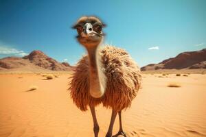avestruz dentro a sahara deserto, Marrocos. vintage estilo, avestruz dentro a deserto hd 8k papel de parede estoque fotográfico imagem, ai gerado foto