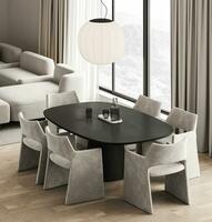 moderno natureza estilo sala de estar interior Projeto com jantar mesa e panorâmico janela fundo. 3d Renderização. Alto qualidade 3d ilustração foto