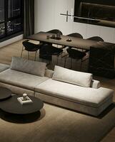 moderno minimalismo interior sala de estar com ampla modular sofá, noite cidade Visão e mármore cozinha ilha. 3d Renderização. Alto qualidade 3d ilustração foto
