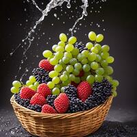 cesta cheio do frutas bagas e verde uvas explodir com enorme partículas espirrando em a ar ai generativo foto