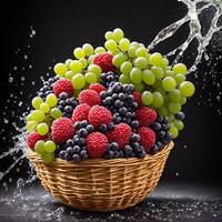 cesta cheio do frutas bagas e verde uvas explodir com enorme partículas espirrando em a ar ai generativo foto
