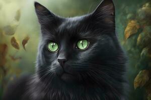 retrato do doméstico gato com Preto pele ao ar livre com natureza fundo. neural rede gerado arte foto