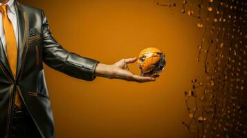 fechar acima do humano mão segurando virtual realidade capacete robô dentro laranja fundo. futurista conceito do robótica, máquinas dentro diariamente vida. foto