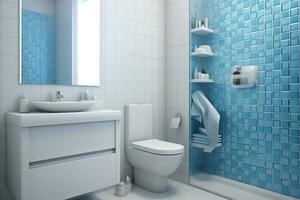 limpar \ limpo e arrumado banheiro com afundar, banheiro, e banho, azul azulejos adicionar uma pop do cor. moderno banheiro Projeto com simples, elegante luminárias. foto