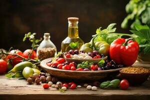 saudável Comida fundo com fresco vegetais, Oliva óleo e especiarias, saudável Comida para equilibrado flexitarista Mediterrâneo dieta conceito, ai gerado foto