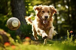 dourado retriever cachorro jogando com uma bola dentro a jardim, dourado retriever cachorro jogando com uma bola dentro a jardim, ai gerado foto