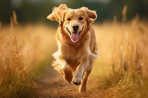 dourado retriever corrida dentro a campo em uma ensolarado dia, dourado retriever cachorro corrida dentro a campo com borrado fundo, ai gerado foto