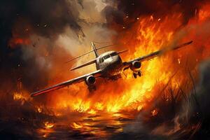 queimando avião dentro a fogo. 3d ilustração. grampo arte, a avião caiu para a chão, ai gerado foto