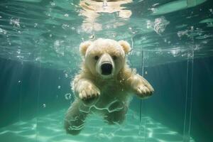 polar Urso natação embaixo da agua dentro a piscina. tonificado imagem, pólo Urso natação embaixo da agua dentro uma jogar ambiente, ai gerado foto