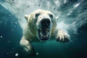 polar Urso natação embaixo da agua dentro a água. polar Urso nada embaixo da agua, polar Urso embaixo da agua ataque, ai gerado foto