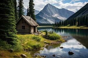 montanha lago e de madeira cabana dentro jaspe nacional parque, alberta, Canadá, em a bancos do a parede lago, traseiro visualizar, alberta, Canadá, ai gerado foto