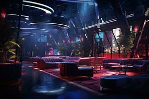 interior do uma noite clube com vermelho sofá e Preto poltronas, noite clube interior, ai gerado foto