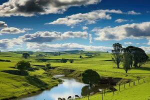 idílico panorama dentro a campo do Novo sul País de Gales, Austrália, Novo zelândia, norte ilha, Waikato região. rural panorama perto matamata, ai gerado foto