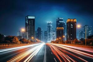 a luz trilhas em a moderno construção fundo dentro Xangai China, noite paisagem urbana com edifícios e estradas dentro Pequim cidade, grandes exposição foto, ai gerado foto