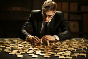 bonito jovem homem dentro terno e óculos contando ouro moedas, homem colocando dourado moedas em uma borda representando múltiplo córregos do renda, ai gerado foto