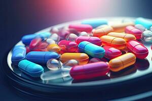 colorida pílulas em uma Preto fundo. 3d ilustração. tonificado, pilha do colorida remédio pílulas e cápsulas dentro bolha pacotes, ai gerado foto