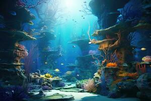 embaixo da agua mundo com corais e peixe. 3d render ilustração, embaixo da agua mundo. fantasia ilustração do uma fantasia mundo. 3d Renderização, ai gerado foto