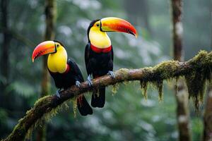 tucano dentro a floresta tropical do costa rica, central América, dois tucanos sentado em a ramo dentro a floresta tropical, ai gerado foto