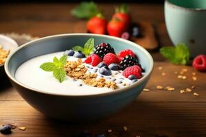 iogurte com granola e bagas dentro tigela em de madeira mesa, saudável café da manhã tigela com aveia granola, bagas e leite, ai gerado foto