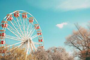 ferris roda dentro a parque com azul céu fundo, vintage tom, vintage ferris roda em azul céu fundo dentro a parque, ai gerado foto