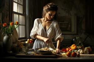 lindo jovem mulher cozinhando massa dentro a cozinha às lar. saudável Comida conceito, mulher é preparando apropriado refeição, ai gerado foto