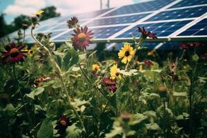 solar energia com flores e girassol campo - retro vintage estilo, selvagem flores dentro frente do solar painéis em uma campo, ai gerado foto